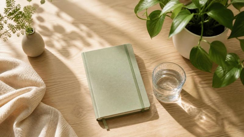 A small arrangement of therapy and wellness items on a wooden desk, representing ADHD treatment options in Ireland