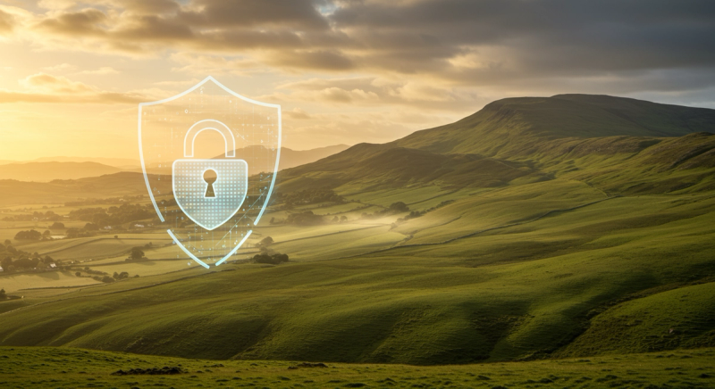 Irish landscape with subtle digital security overlay