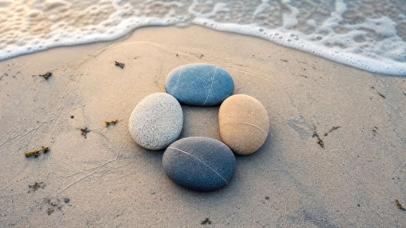 Four smooth stones arranged on a sandy beach, representing the main groups of PTSD symptoms