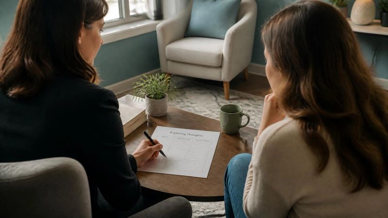 A person and therapist reviewing notes together during a CBT session for phobia treatment
