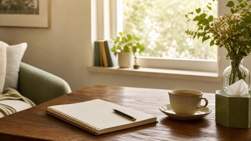 Notebook and cup of tea on a wooden table with natural light, representing a structured EMDR therapy session