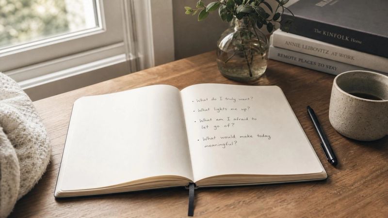 An open notebook with handwritten questions about people-pleasing and boundaries