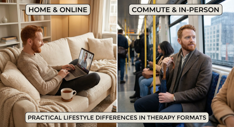 Split screen showing practical logistics of therapy formats