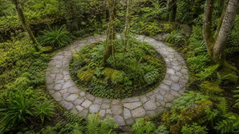 A circular stone path in an Irish garden, symbolising the looping pattern between loneliness and depression