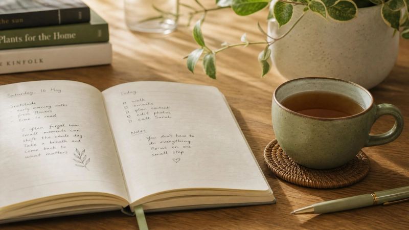 An open notebook with gentle handwriting and a cup of tea, representing questions and answers about OCD