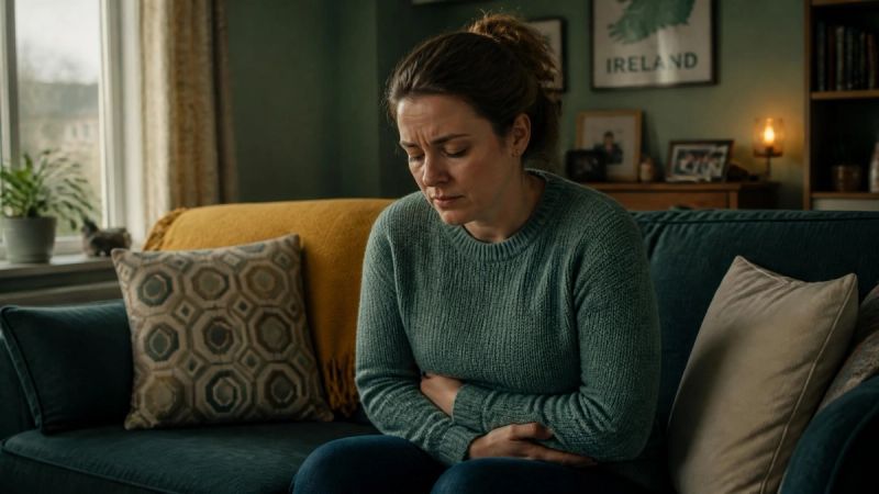 A person holding their stomach in discomfort while sitting on a sofa