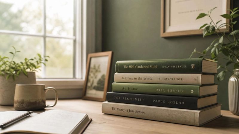 A small stack of books on a calm desk, representing related articles and further reading about loneliness and connection