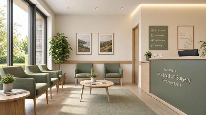 A quiet GP surgery waiting room with soft natural light, representing getting an ADHD diagnosis in Ireland