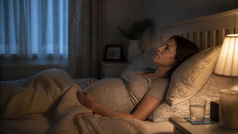 A pregnant woman lying awake in bed at night with her eyes open, looking thoughtful and tired.