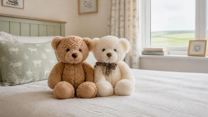 Two teddy bears sitting on a child's bed in a bright bedroom