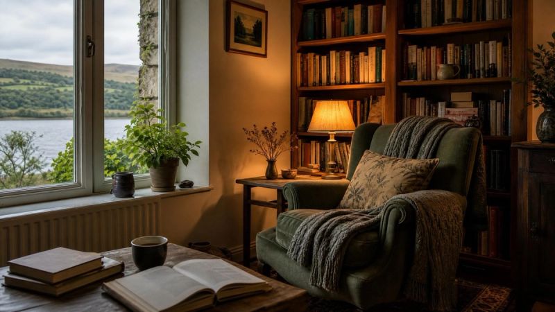 A quiet library or reading nook with warm light
