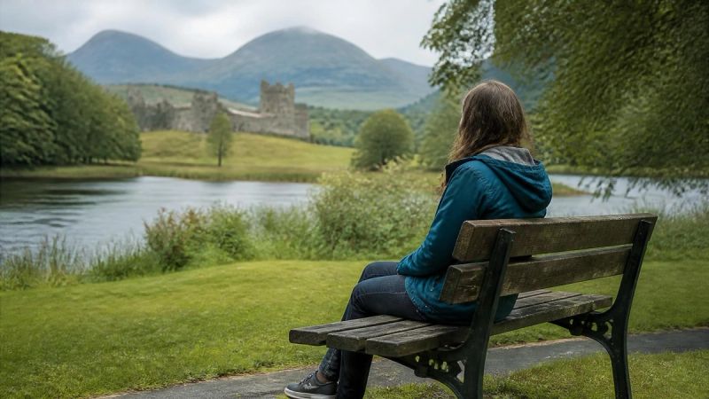 A person sitting on a bench outdoors in a park, quiet and reflective