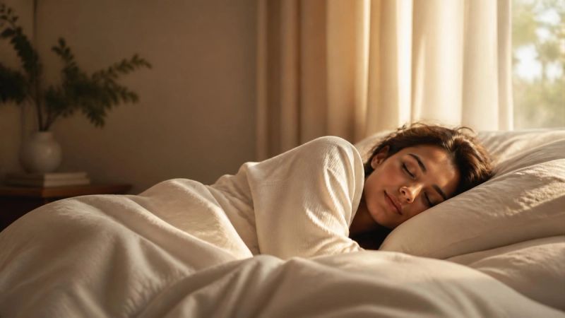A person sleeping peacefully in bed as morning light enters the room, representing hope for restful sleep