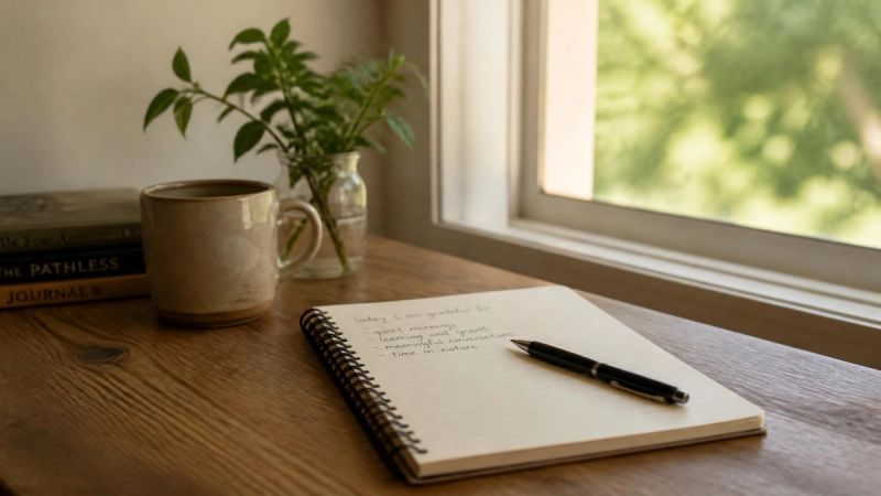 A simple still life of a notebook and pen on a wooden table, representing clarity and understanding