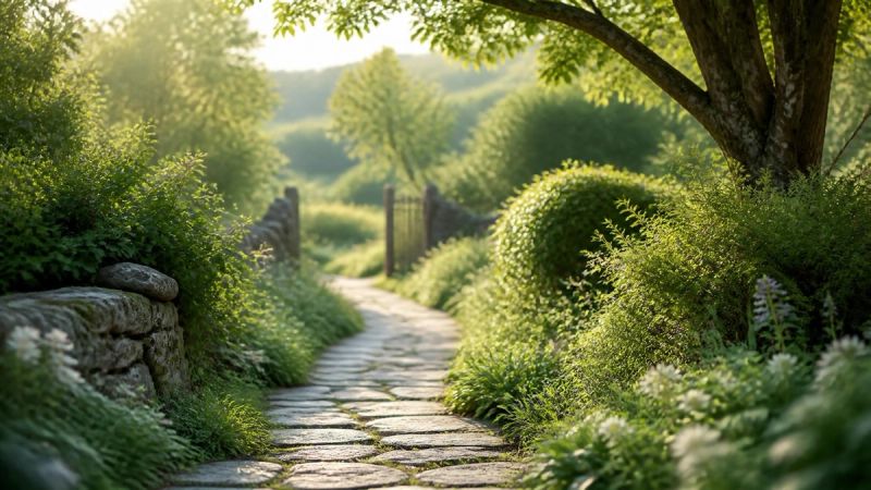 A peaceful garden path leading forward through soft greenery