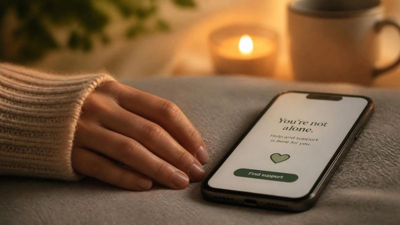 A hand near a phone, representing reaching out for support.