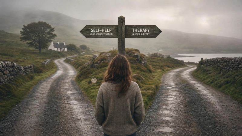 Two roads diverging in a misty Irish landscape, representing the choice between self-help and therapy