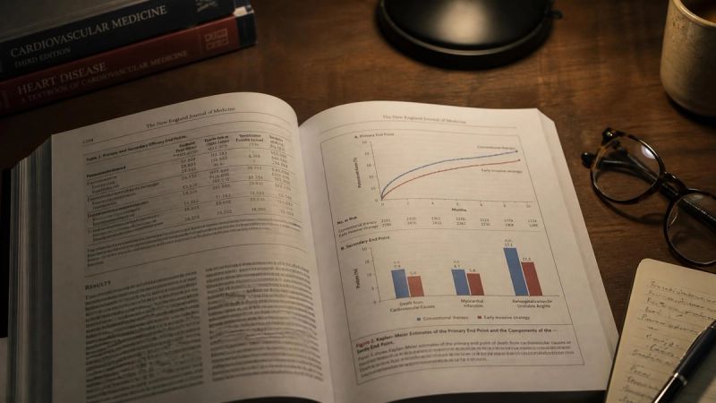 An open medical research journal on a desk with a pair of reading glasses and a warm desk lamp