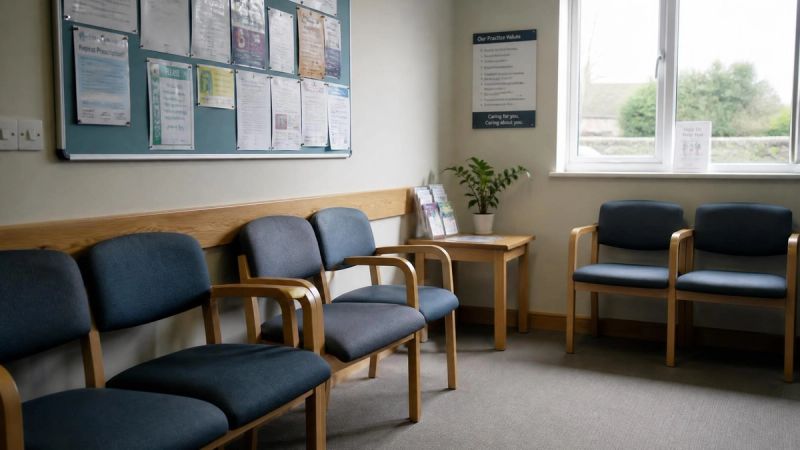 An Irish GP surgery waiting room with empty chairs and a noticeboard, calm daylight