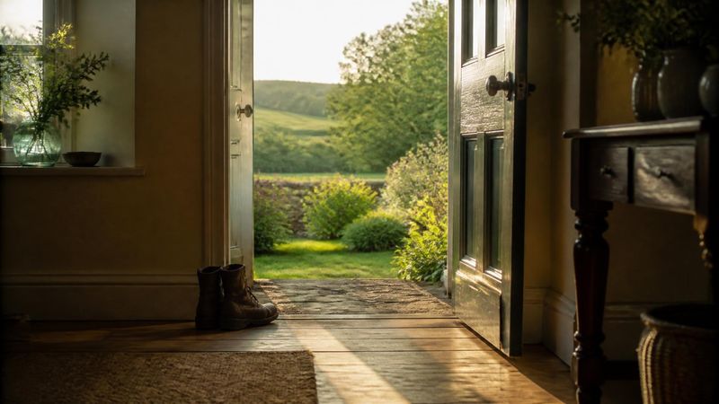 An open back door looking out onto a green Irish garden in the morning