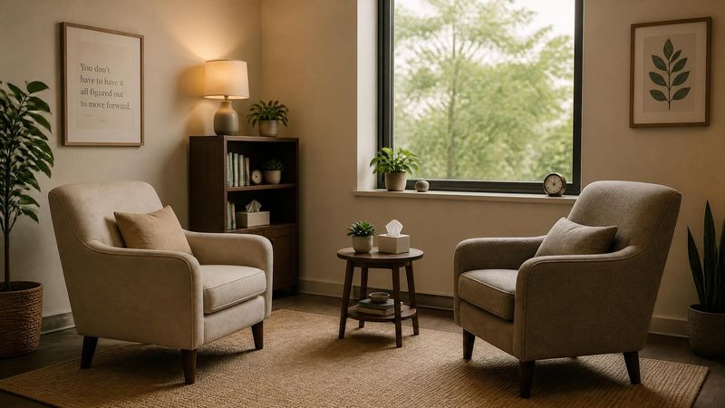 Two chairs facing each other in a calm therapy room