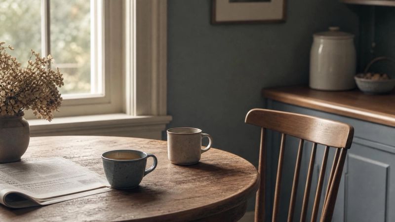An empty chair at a small kitchen table with two cups, symbolising the absence of a partner after a breakup