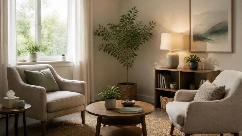 A calm therapy consultation space with soft natural light