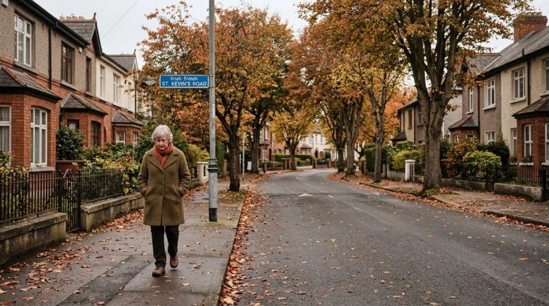 An older person walking alone down a quiet Irish residential street