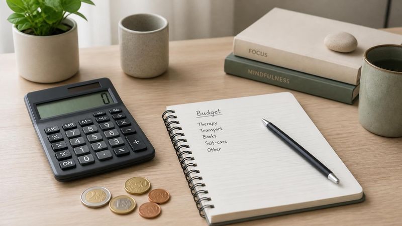 A calculator, notebook, and euro coins on a desk, representing therapy costs and budgeting