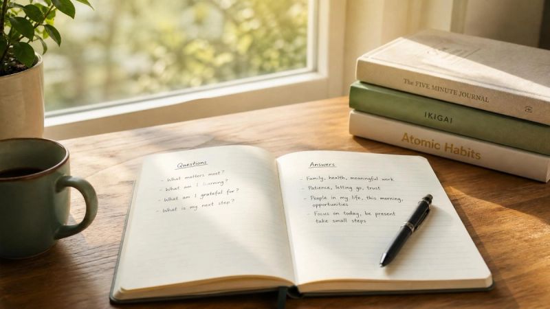 An open notebook and pen on a wooden table near a window, representing questions and answers about ADHD and relationships