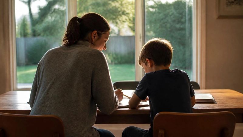 A parent and child doing homework together at a kitchen table in the afternoon