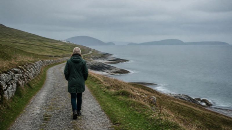 A person walking alone along a quiet coastal path in Ireland