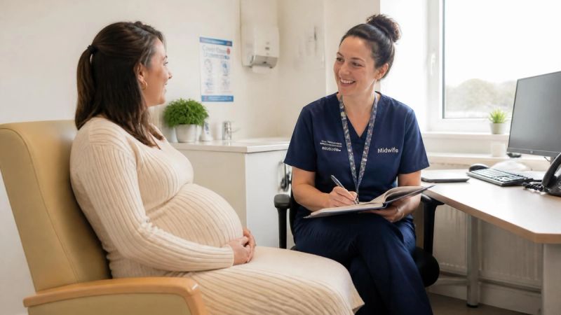 A pregnant woman talking to a GP or midwife in a clinic room.
