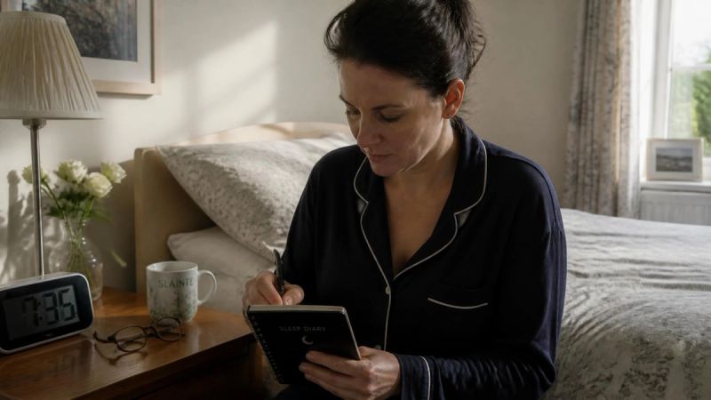A person writing in a small sleep diary beside their bed in the morning light