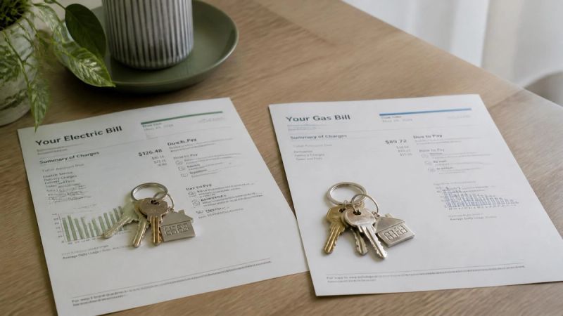 Two sets of keys and two separate utility bills on a table, representing two households