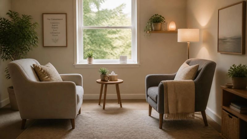 Two comfortable chairs facing each other in a quiet therapy room
