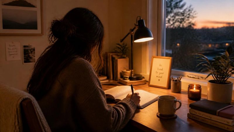 A person writing in a journal at home, representing ongoing practice after CBT