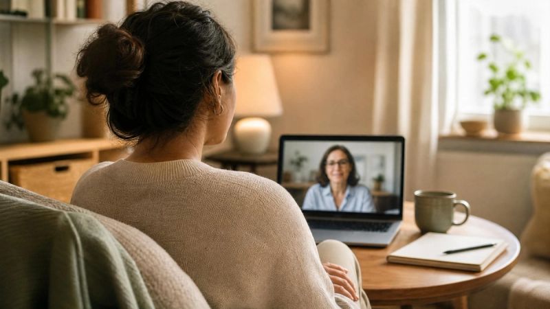Person speaking with a therapist via video call on a laptop, representing the first online therapy session