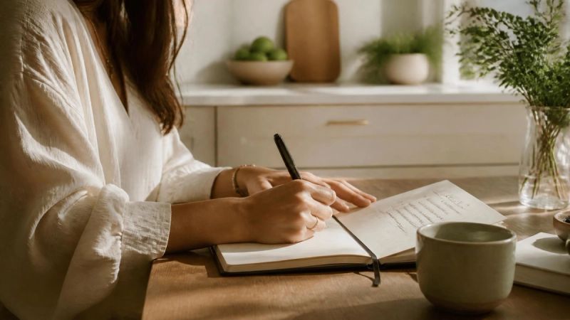 A woman writing in a journal, preparing to speak with her GP about menopause anxiety