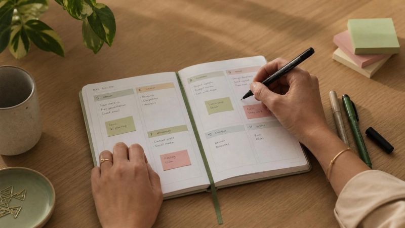 A close-up of a woman's hands writing in a colour-coded planner, representing ADHD organisation strategies in women