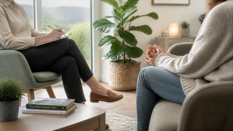 A therapist and client talking in a calm, supportive therapy room