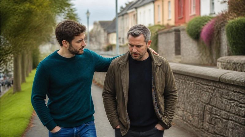 Two friends walking together outdoors, having a gentle conversation