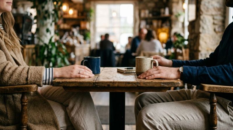Two people sitting across a table, representing trust after trauma