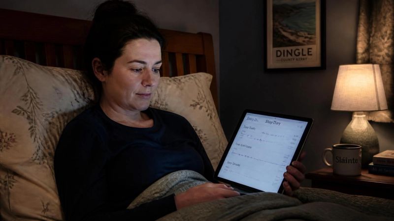 A person looking at a sleep diary on a tablet in bed, soft night-time lighting