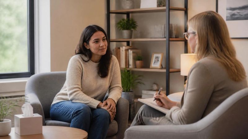 A therapist and client talking in a calm therapy room, representing CBT-I treatment
