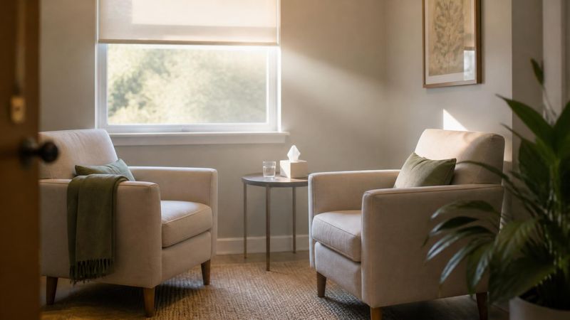 A quiet room with two soft armchairs and a small table with a glass of water