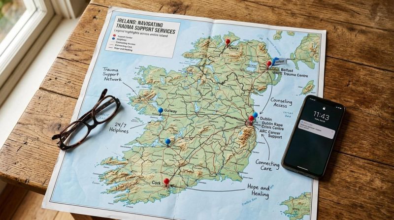 Map of Ireland with phone and glasses, representing trauma support access