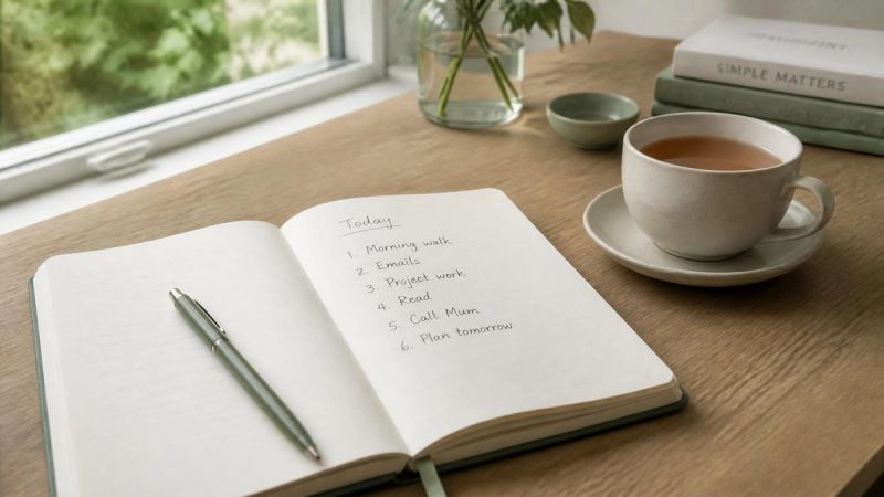 A notebook with a to-do list and a cup of tea beside a window