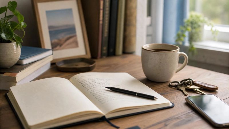A cluttered but warm home desk with a half-finished notebook, coffee cup, and keys, capturing the invisible daily scatter of adult ADHD symptoms.