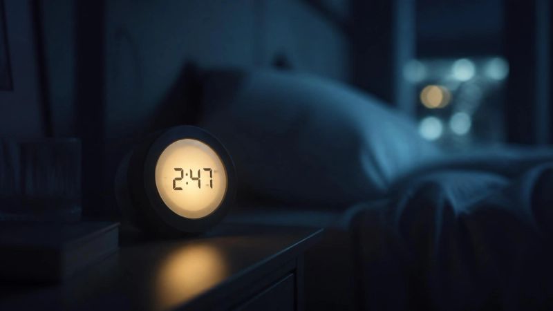 An alarm clock glowing in a dark bedroom, representing sleep anxiety during menopause
